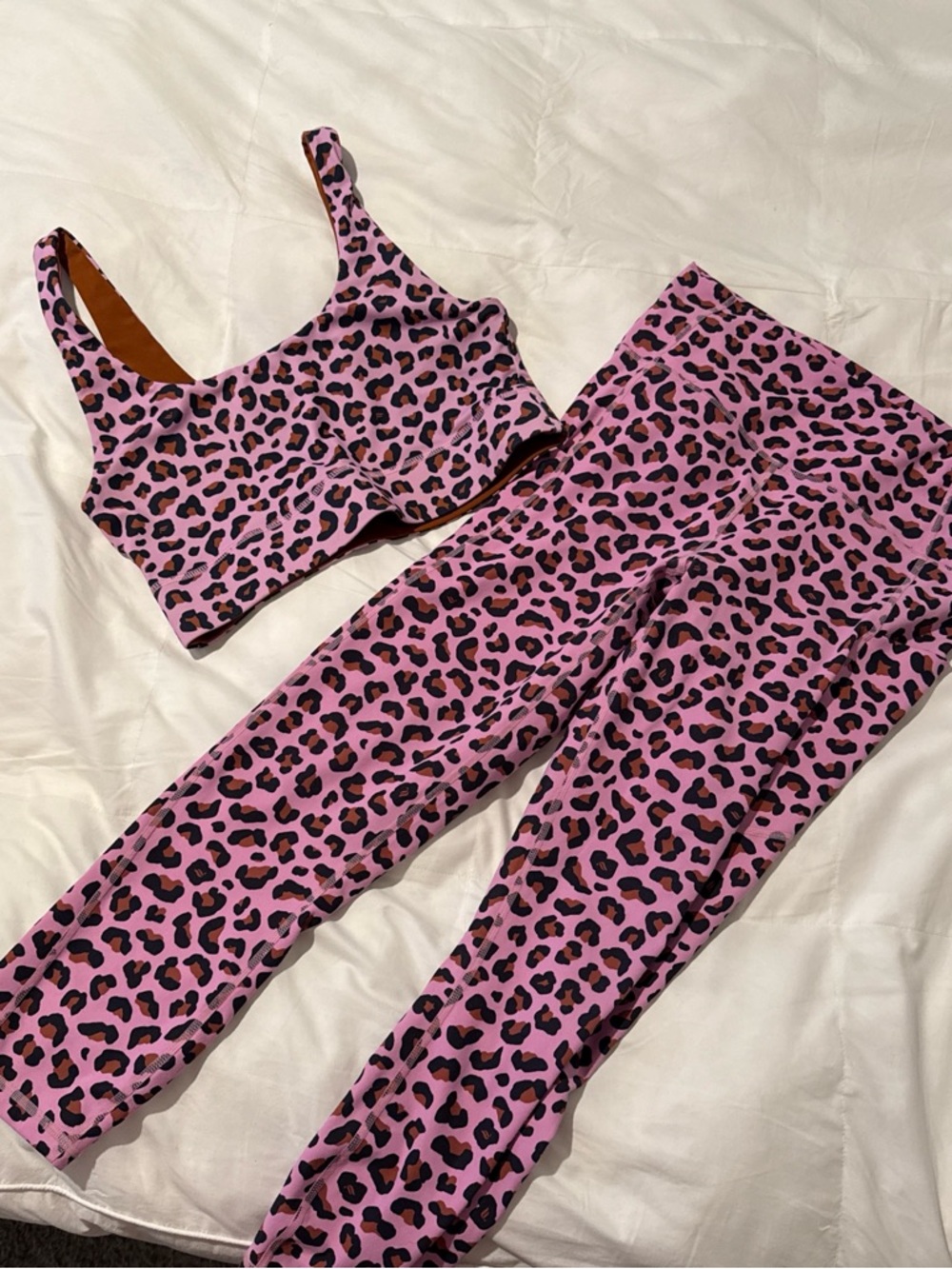Fabletics Pink Leopard Print Leggings & Sports Bra Set